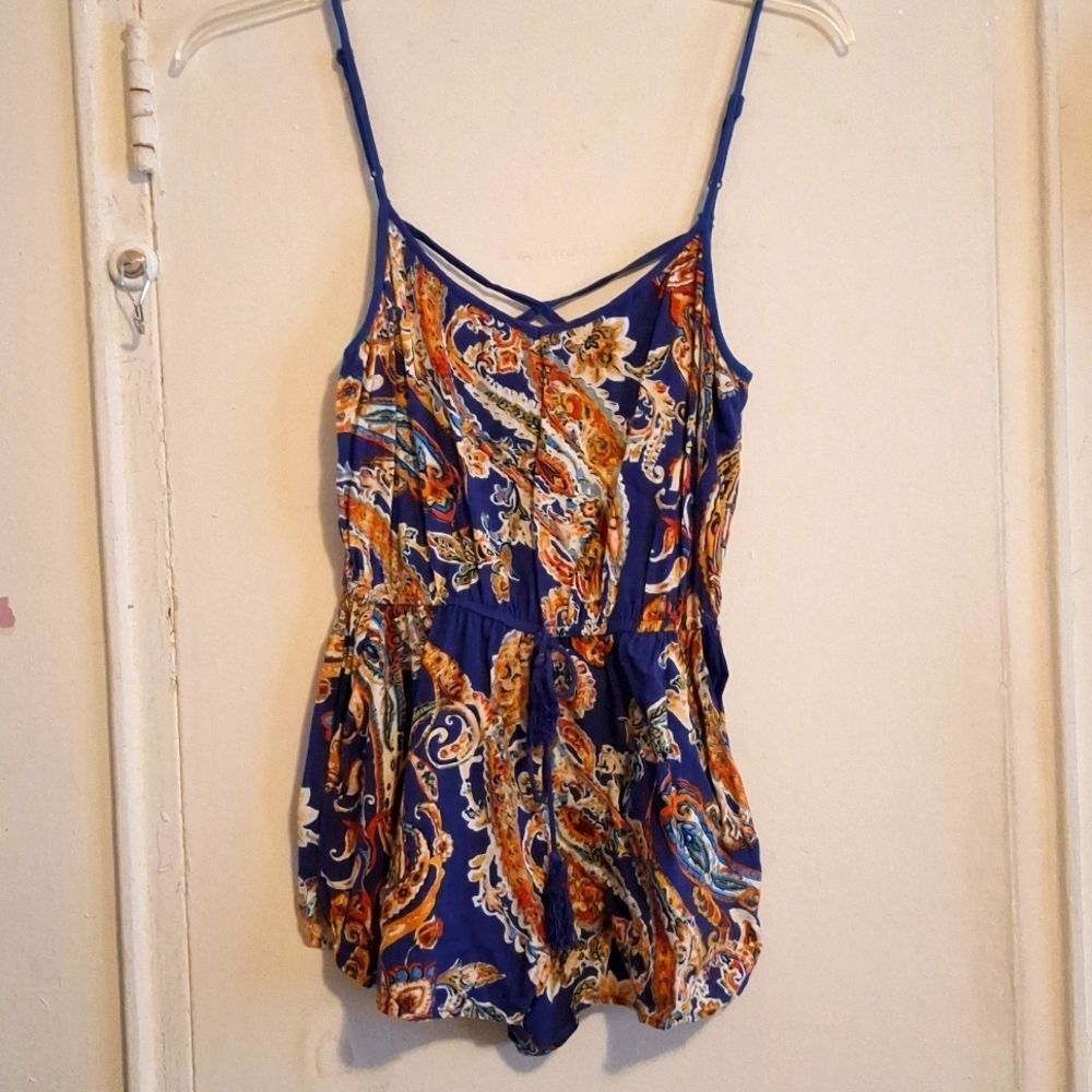Blue paisley Romper size small cut out criss cross back spaghetti straps